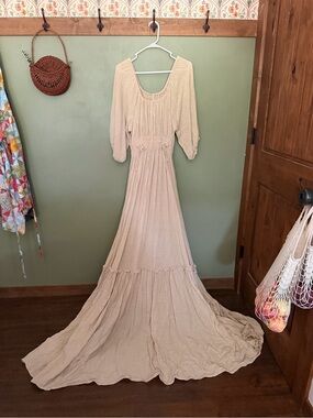 Bohemian Cream Maxi Dress with Gathered Waist